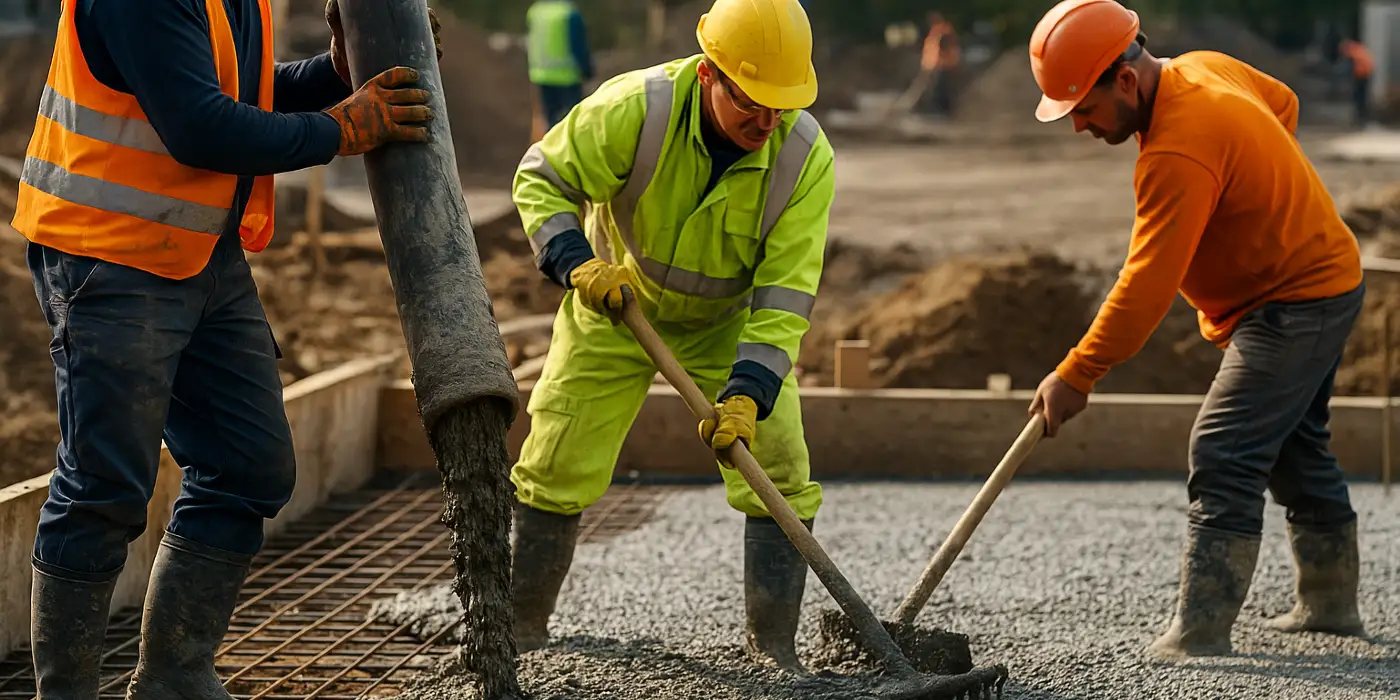 3 concrete contractors spreading concrete on the ground from TJ Concrete Contractor in Dallas, TX 