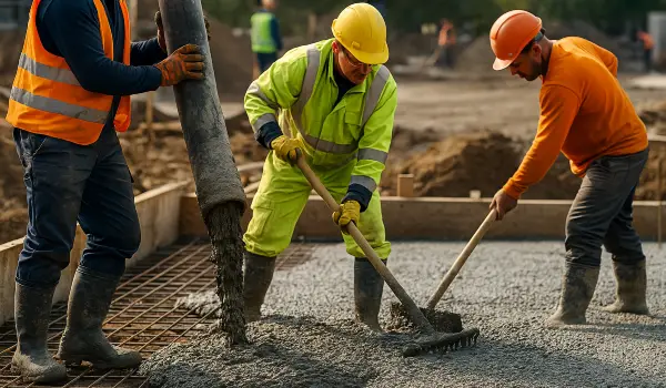 3 concrete contractors spreading concrete on the ground from TJ Concrete Contractor in Dallas, TX 