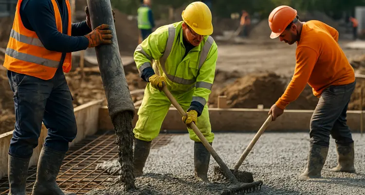 3 concrete contractors spreading concrete on the ground from TJ Concrete Contractor in Dallas, TX 