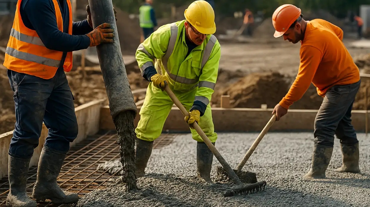 3 concrete contractors spreading concrete on the ground from TJ Concrete Contractor in Dallas, TX - Concrete Contractor Near Me