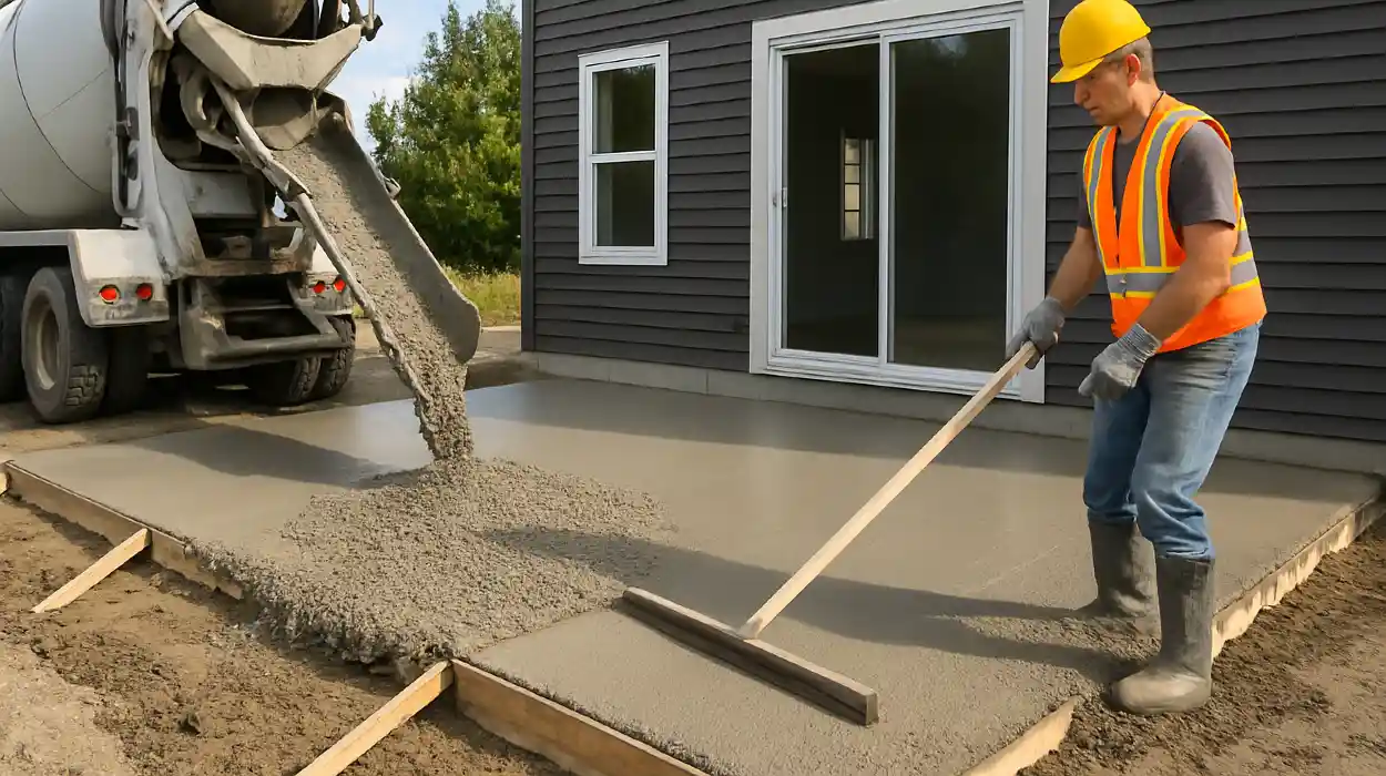 a man spreading the cement a truck is pouring to build a patio from TJ Concrete Contractor in Dallas, TX - Concrete cutting services