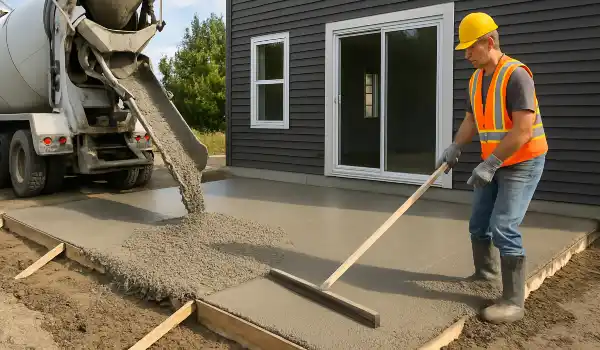 a man spreading the cement a truck is pouring to build a patio from TJ Concrete Contractor in Dallas, TX - Concrete cutting services