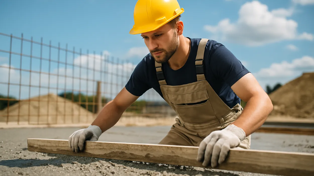 a male concrete worker spreading fresh cement on rebared ground from TJ Concrete Contractor in Dallas, TX - concrete leveling