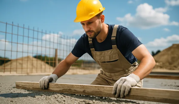 a male concrete worker spreading fresh cement on rebared ground from TJ Concrete Contractor in Dallas, TX - concrete leveling