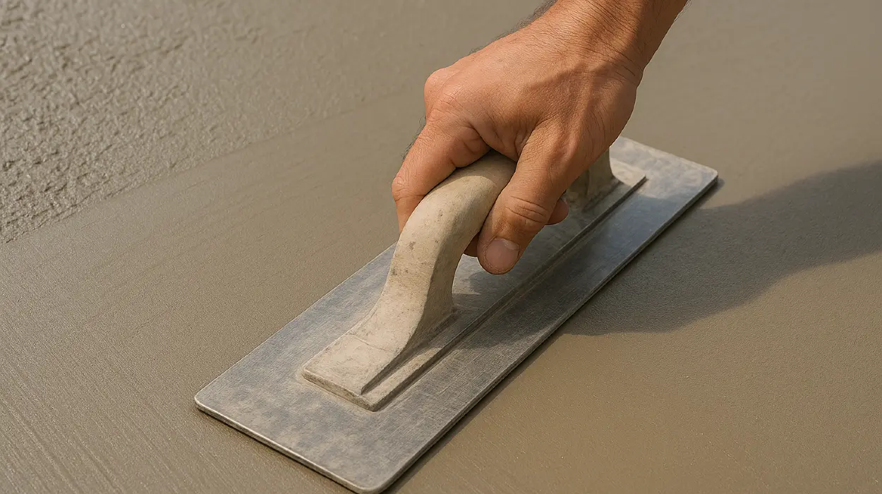 a hand trowel being used on a fresh cement slab to smooth it from TJ Concrete Contractor in Dallas, TX - Concrete Masonry