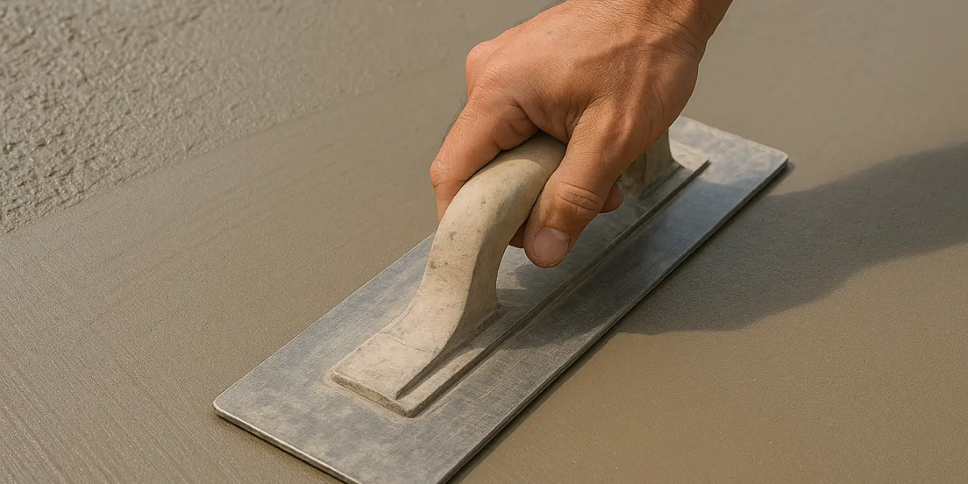 a hand trowel being used on a fresh cement slab to smooth it from TJ Concrete Contractor in Dallas, TX - Concrete Masonry