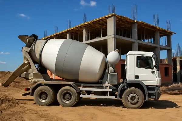 a white cement truck from TJ Concrete Contractor in Dallas, TX - concrete patio installers