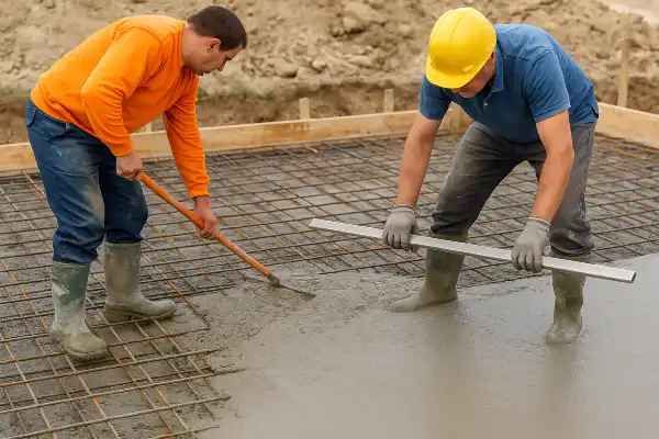 2 workers spreading fresh cement on a rebared ground from TJ Concrete Contractor in Dallas, TX - concrete services we offer