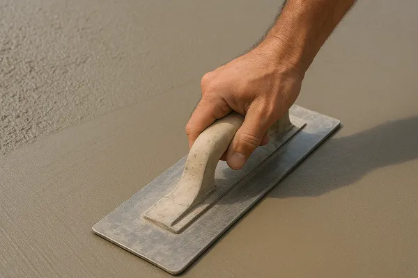 a hand trowel being used on a fresh cement slab from TJ Concrete Contractor in Dallas, TX - concrete services we offer