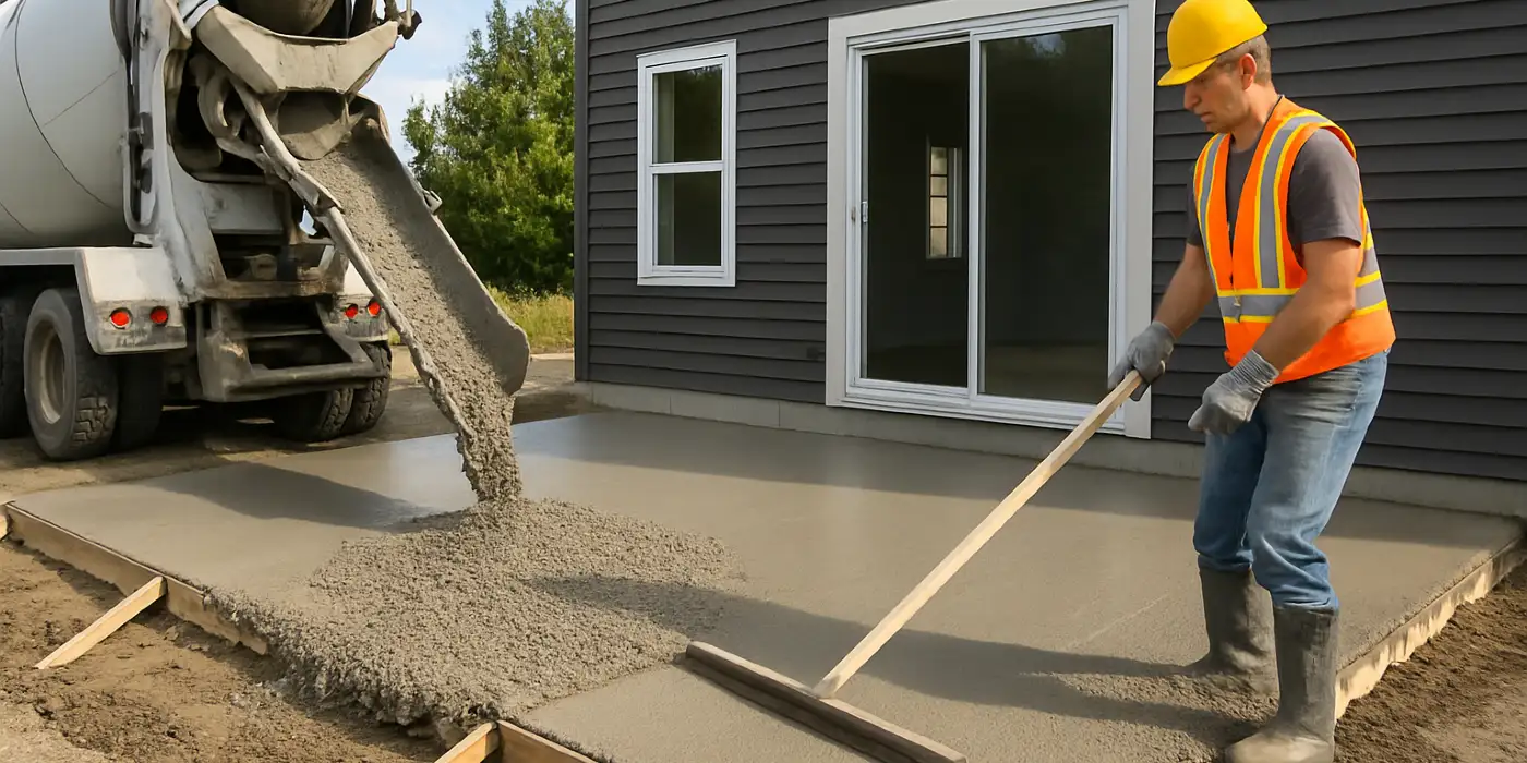 a man spreading the cement a truck is pouring to build a patio from TJ Concrete Contractor in Dallas, TX - concrete slab foundation