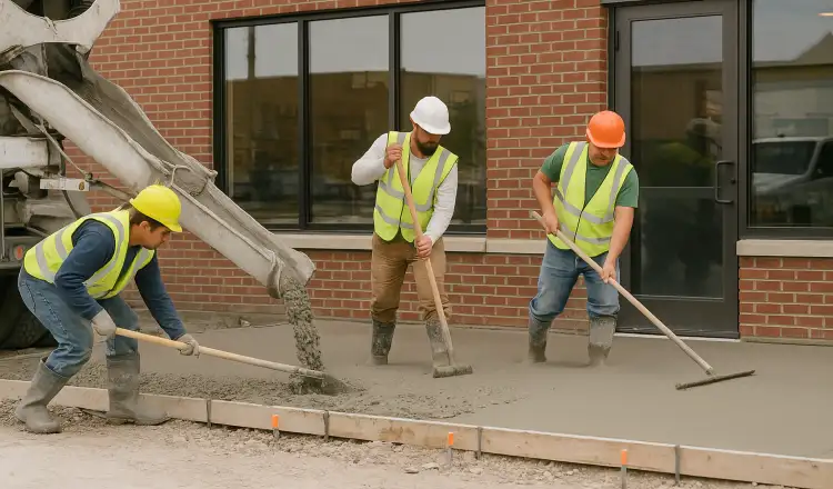 3 concrete contractors spreading concrete on the ground for a sidewalk from TJ Concrete Contractor in Dallas, TX - Concrete walkways