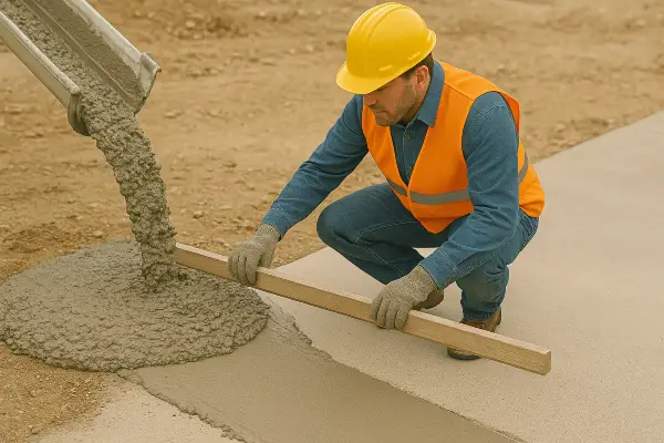 a concrete worker using a piece of wood to spread fresh cement for a sidewalk from TJ Concrete Contractor in Dallas, TX - Concrete walkways
