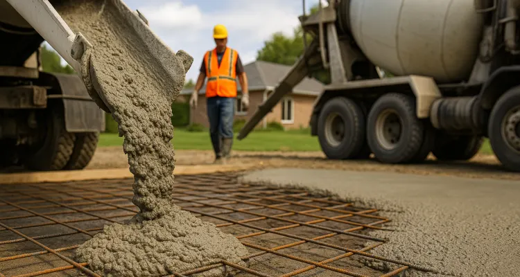 Cement truck pouring cement on a rebared ground from TJ Concrete Contractor in Dallas, TX - contractor foundation repair
