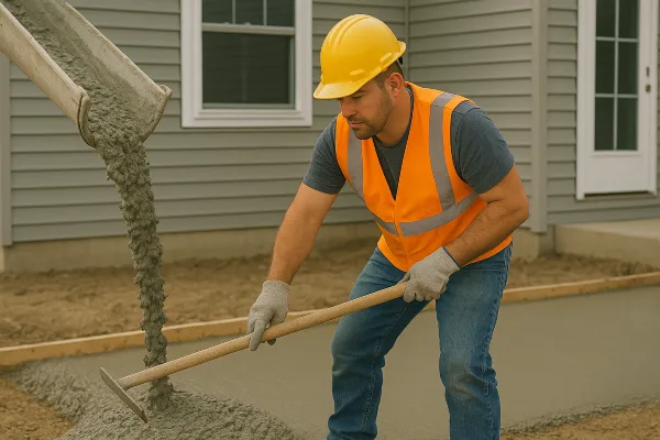 a man spreading the cement that a truck is pouring on the ground from TJ Concrete Contractor in Dallas, TX - Driveway Installation