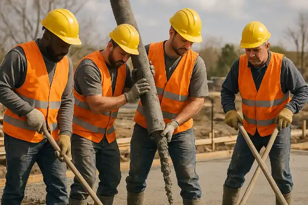 4 workers pouring and spreading concrete on the ground from TJ Concrete Contractor in Dallas, TX - Driveway Installation