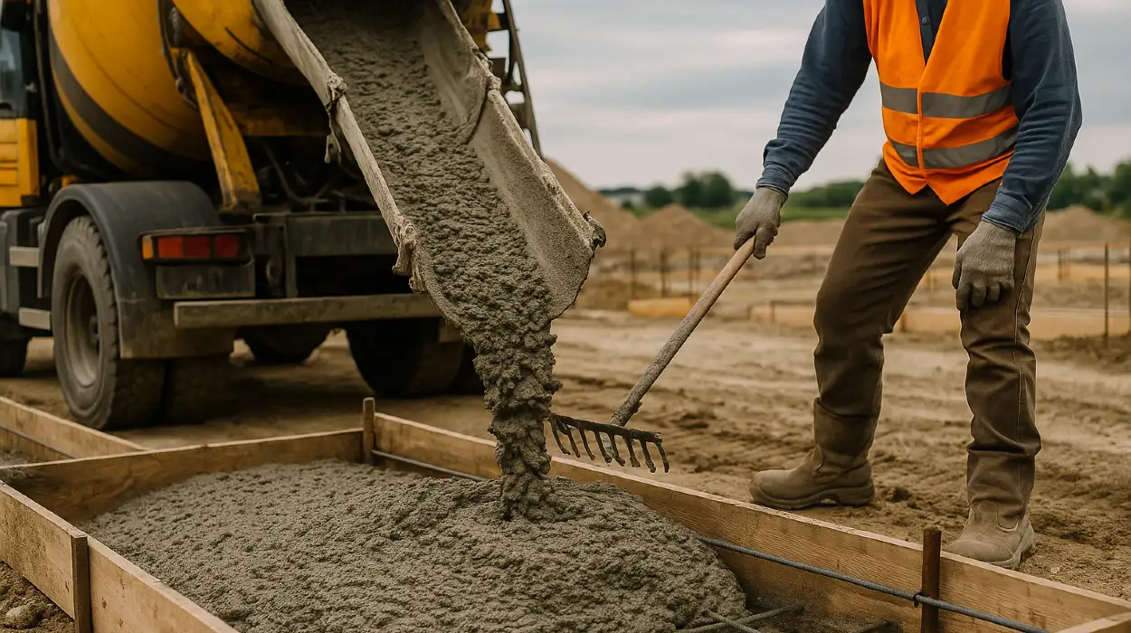 a concrete truck pouring cement on a concrete form from TJ Concrete Contractor in Dallas, TX - residential concrete services