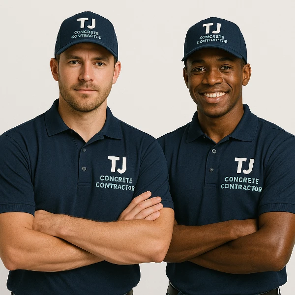 2 male workers from TJ Concrete Contractor team in San Antonio, TX wearing their uniform and smiling at the camera