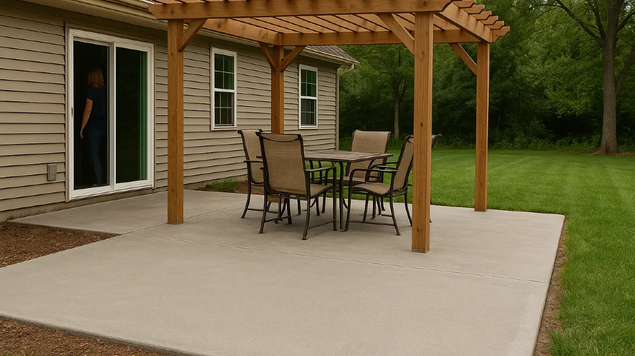 a concrete patio with a pergola from TJ Concrete Contractor in Dallas, TX - stamped concrete driveway
