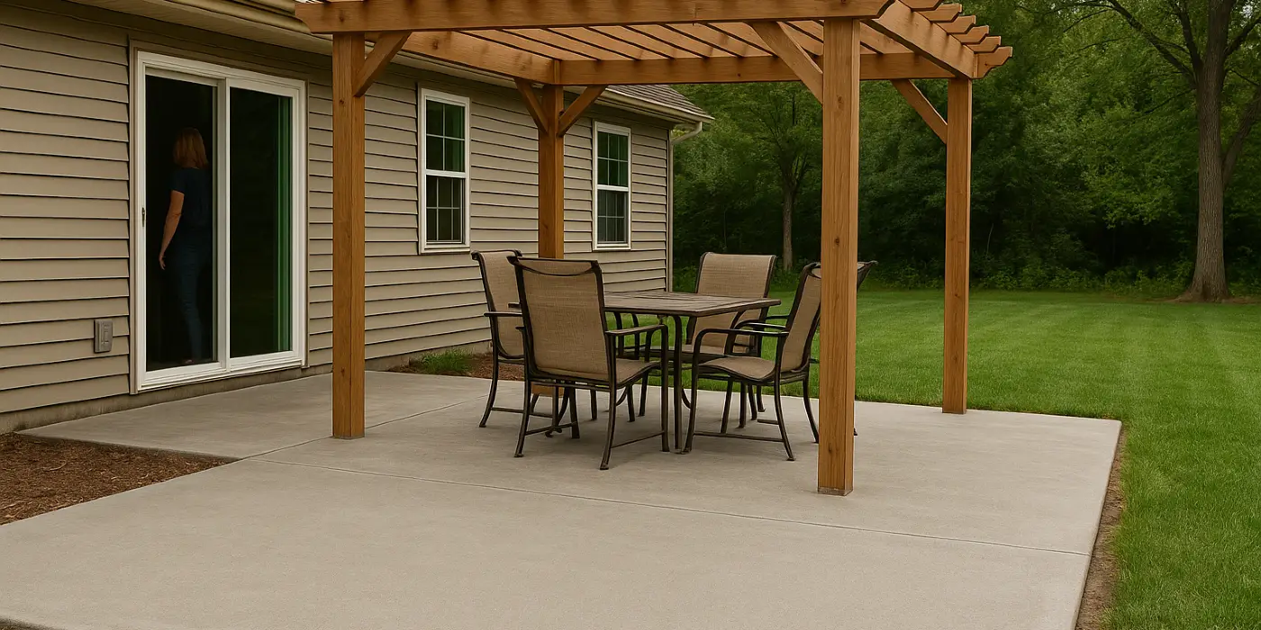a concrete patio with a pergola from TJ Concrete Contractor in Dallas, TX - stamped concrete driveway