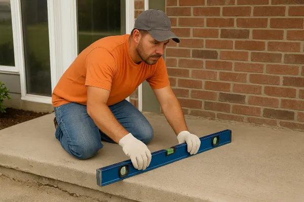 a male worker leveling a concrete slab porch from TJ Concrete Contractor in Dallas, TX - stamped concrete driveway