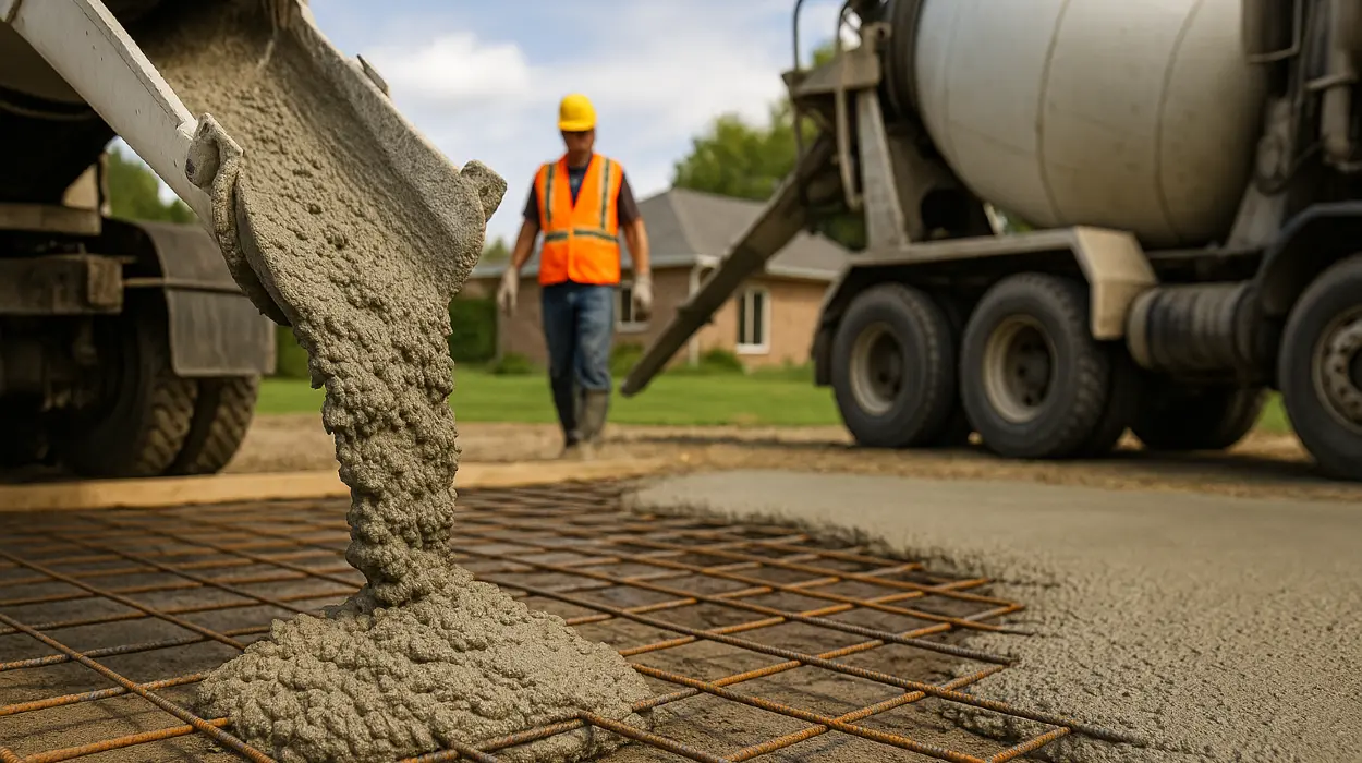 Cement truck pouring cement on a rebared ground from TJ Concrete Contractor in Dallas, TX - Stamped concrete patios