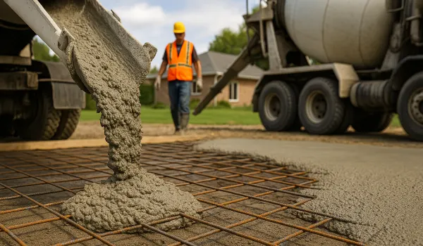 Cement truck pouring cement on a rebared ground from TJ Concrete Contractor in Dallas, TX - Stamped concrete patios