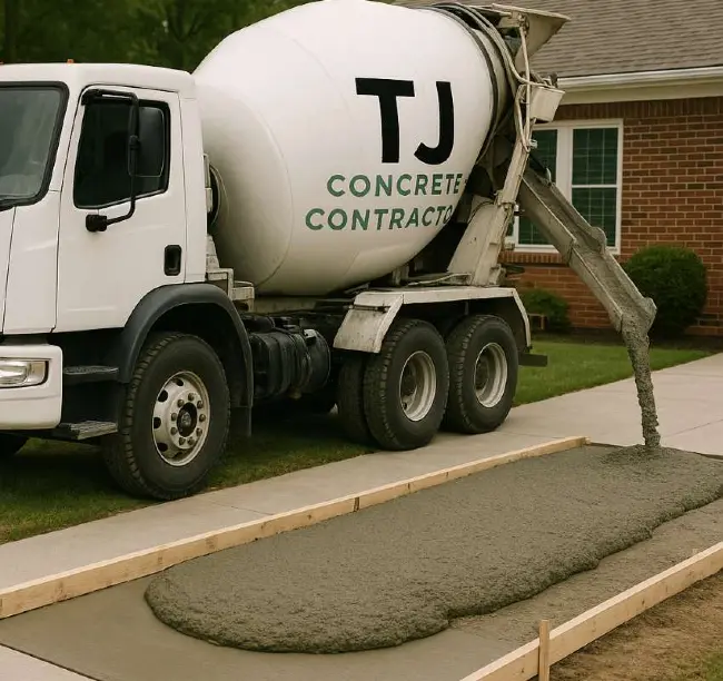 A white concrete truck in Sugar Land, TX with the logo of TJ Concrete Contractor on it pouring cement on the floor 