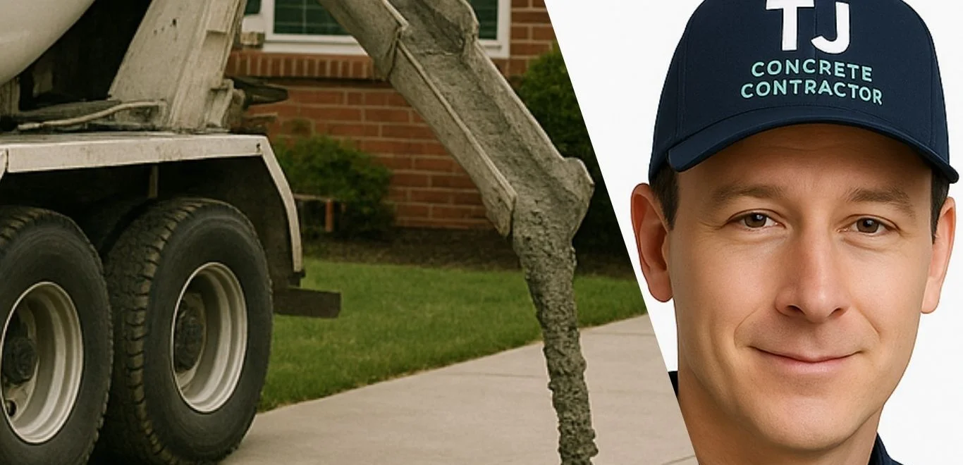 Male worker from TJ Concrete Contractor in New Sugar Land, TX wearing his uniform looking at the camera with a concrete truck next to him
