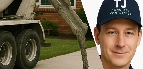Male worker from TJ Concrete Contractor in Sugar Land, TX wearing his uniform looking at the camera with a concrete truck next to him