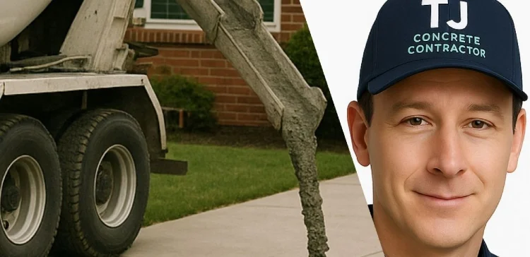 Male worker from TJ Concrete Contractor in Sugar Land, TX wearing his uniform looking at the camera with a concrete truck next to him